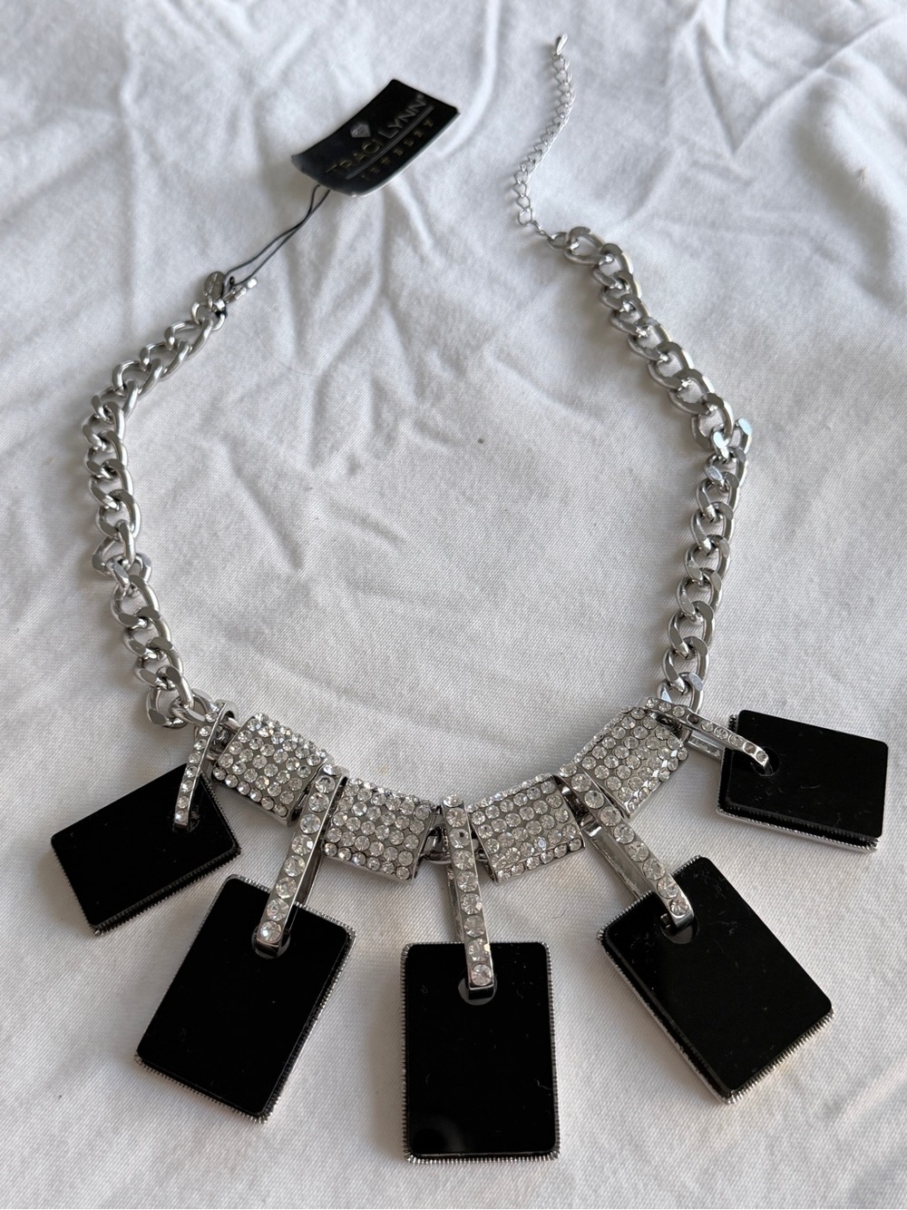 Traci Lynn Signed statement Silver Tone Black Geometric Tile Bib Necklace